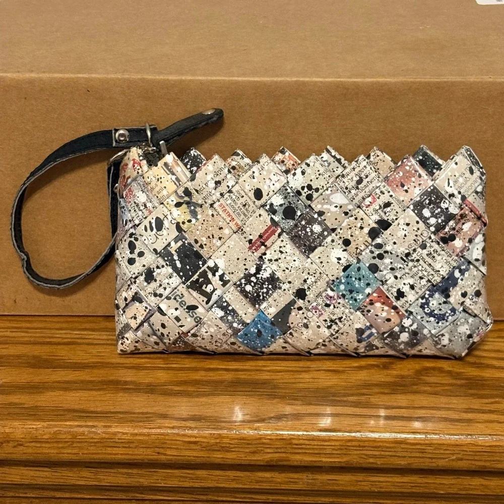 Nahui Ollin Recycled Paper Woven Wristlet Clutch Newspaper Paint Splatter Print